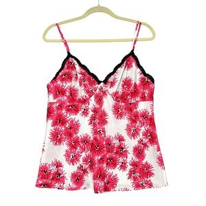 Gilligan & O'Malley Sleepwear Cami Top L White Pink Floral‎ Black Lace Trim